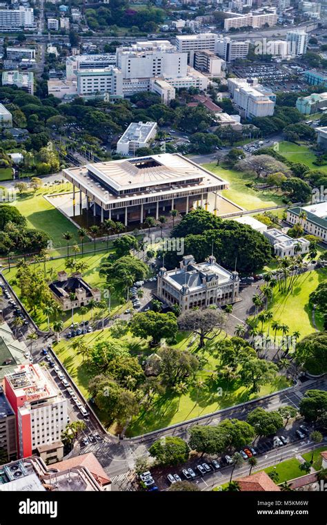 Iolani Palace And State Capitol Honolulu Oahu Hawaii Stock Photo Alamy