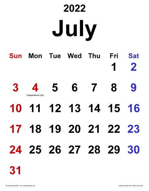 July 2022 Calendar Templates For Word Excel And Pdf