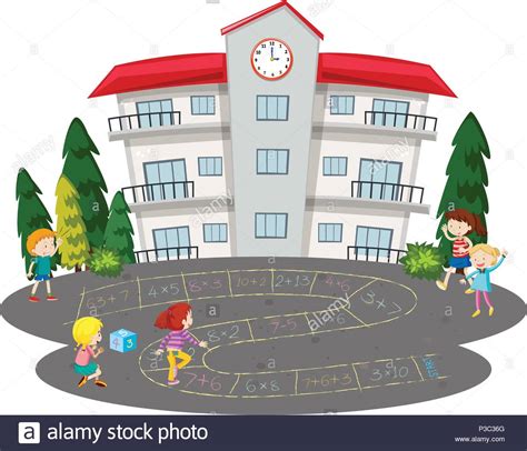 Children Playing Hopscotch In Front Of A School Illustration Stock