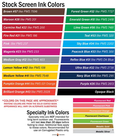 Standard Screen Ink Color Chart