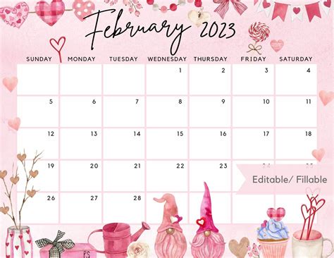 Printable February 2023 Calendar Cute Valentine Loving Gnome Watercolor Hearts Fillable