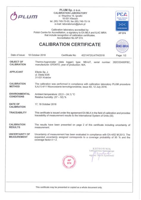 Certificate Of Calibration Efento