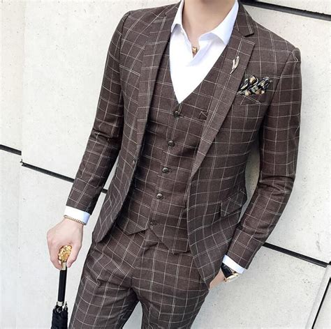 men s suit elegant brown plaid three piece suit for men prom suits for men plaid suit