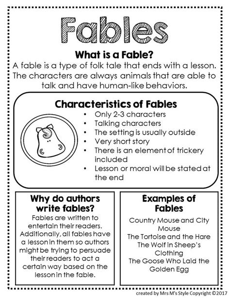 Fables Genre Anchor Chart Teaching Writing Reading Lessons Reading