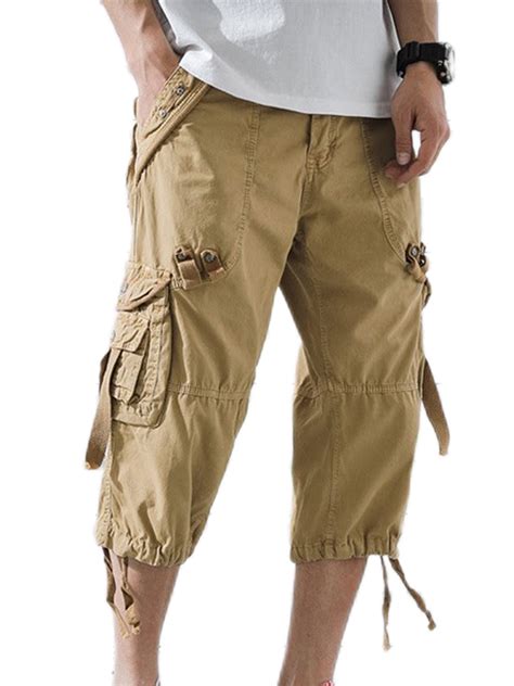 Capreze Men Capri Pants Summer Elastic Waist Cargo Shorts Bottoms