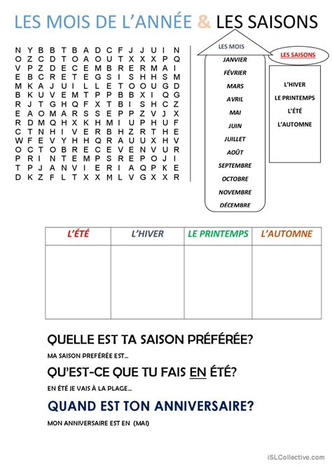 Les Mois De Lannee Et Les Saisons Français Fle Fiches Pedagogiques