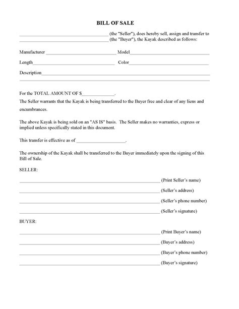Kayak Bill Of Sale Form Word Free Printable Legal Forms