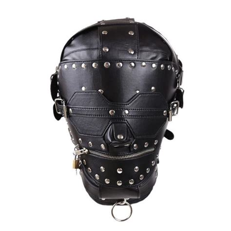 Pu Leather Hood Masks Adult Products Fetish Full Cover Head Bondage Restraints Mask With Lock