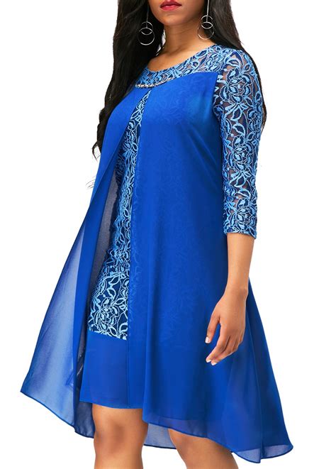 Royal Blue Asymmetric Hem Lace Patchwork Dress Usd 33 98