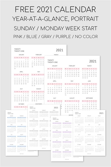 Printable 2021 Year At A Glance Calendar