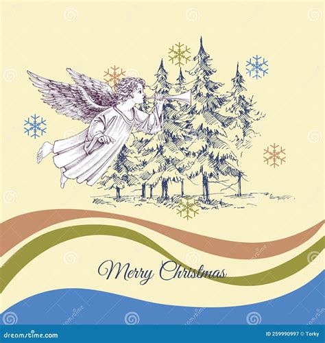 Pine Trees And Christmas Angel Greeting Card Stock Vector