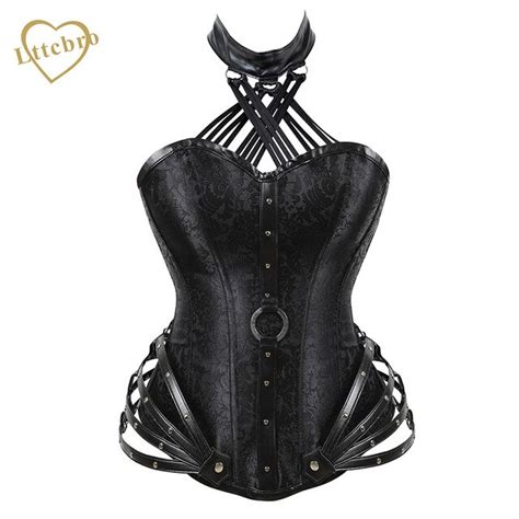 Womens Halloween Corsets Steampunk Goth Halter Faux Leather Brocade