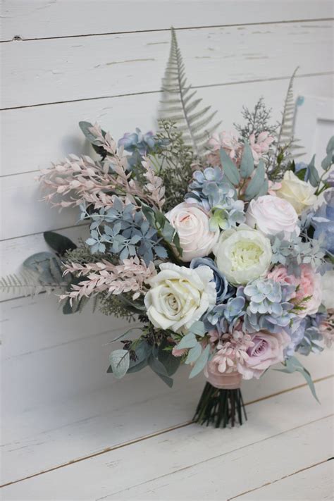 Dusty Blue Blush Pink Bridal Bouquet Peonies Pink Thistle Etsy In