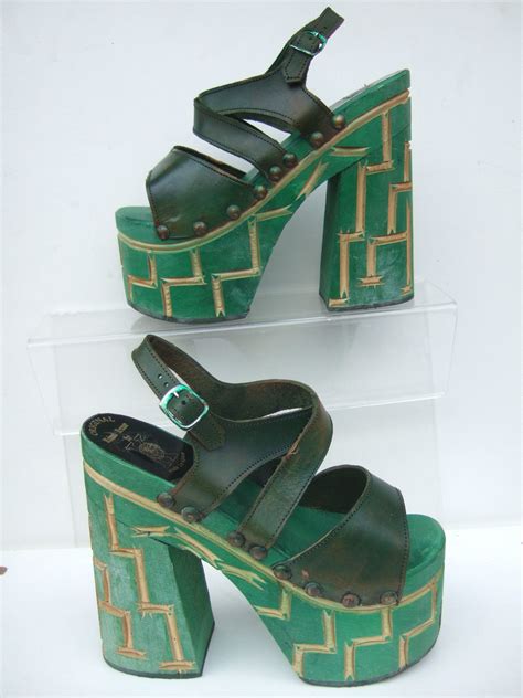 Retro Vintage 1970s 4 37 6 Green Leather Platform Sandals Shoes Fancy