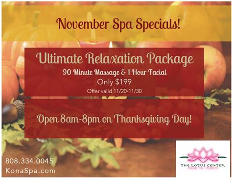 november spa specials ultimate relaxation package for 90 minute massage and 1 hour facial