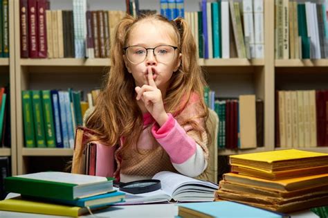 Premium Photo Kid Girl Asks To Be Quiet In Library School Child Sits