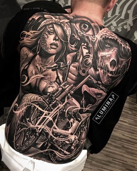 Gangster And Motorbike Full Back Tattoos Chicano Tattoos Back Tattoo