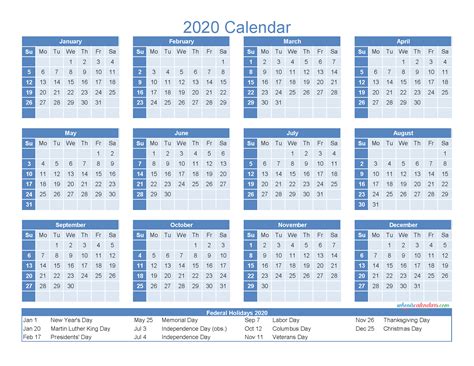 12 Month Printable Calendar 2020 With Holidays