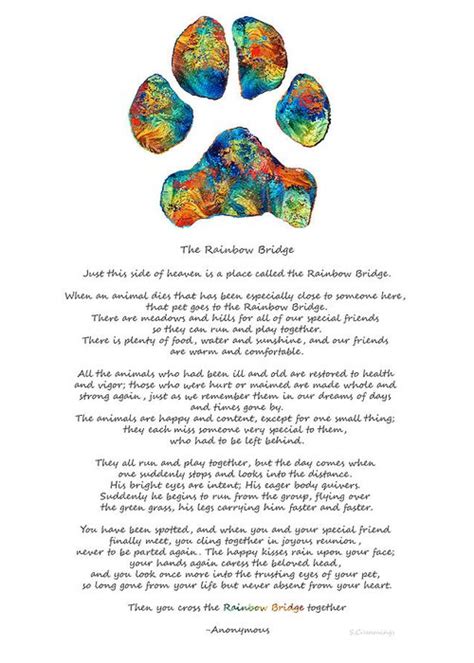There's a special place our dear pets go when their time on earth is through. Rainbow Bridge Poem With Colorful Paw Print by Sharon ...