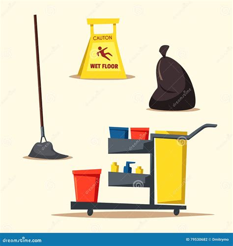 Commercial Cleaning Equipment With Cart Cartoon Vector Illustration