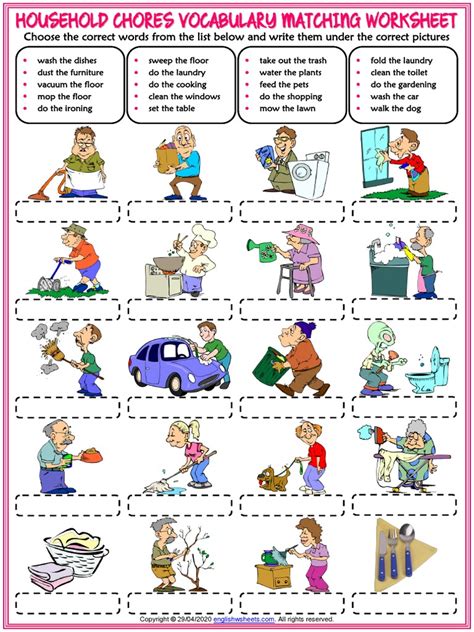 Household Chores Vocabulary Esl Matching Exercise Worksheet For Kids Pdf