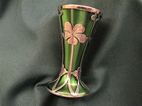 Vintage Loetz Metallin Green Iridescent Cased Glass Vase With Silver From Storeyandsonantiques