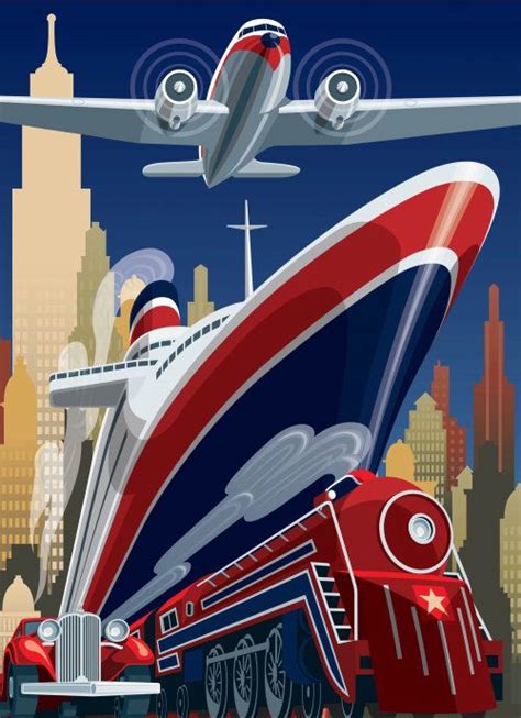 Art Deco 1930s Speed Streamlined Travel Poster Featuring An Airplane An Ocean Liner A