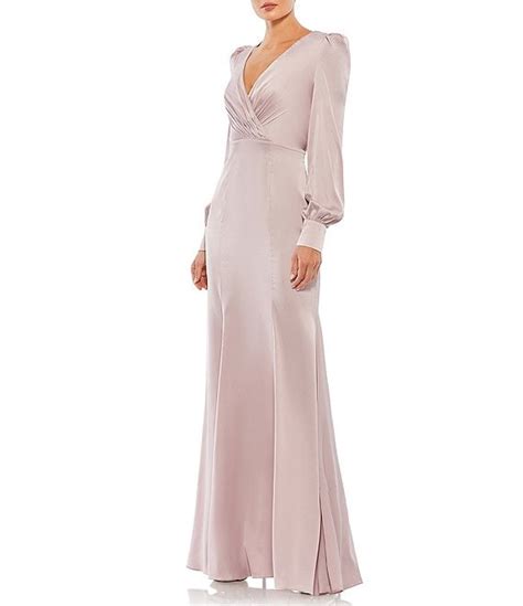 Mac Duggal Satin Surplice V Neck Long Bishop Sleeve Ruched A Line Gown