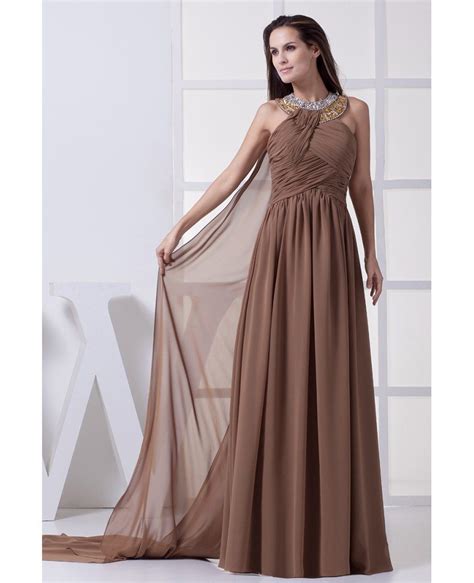 Sequined Long Halter Exotic Brown Chiffon Prom Dress Op