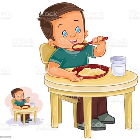 Vector Illustration Of A Little Boy Eating Breakfast Stock Vector Art