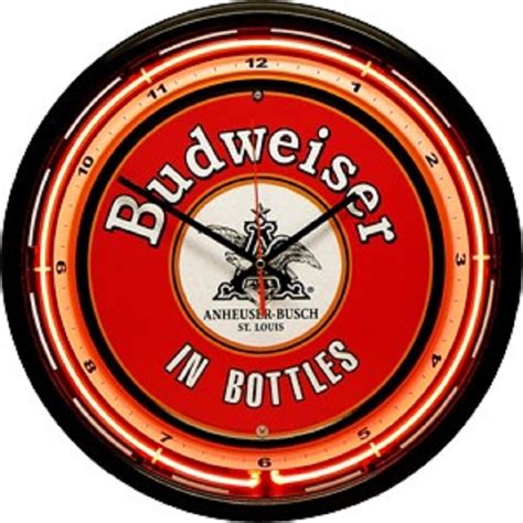 Budweiser In Bottles Neon Sign With Clock On The Front And Back Side