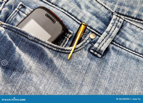 Blue Jeans Pocket With Phone And Pen Stock Photo Image Of Phone Navy