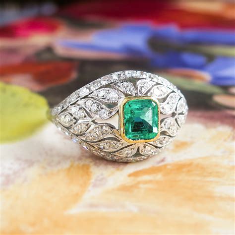 Art Deco Emerald Diamond Ring Platinum 18k Yellow Gold Antique