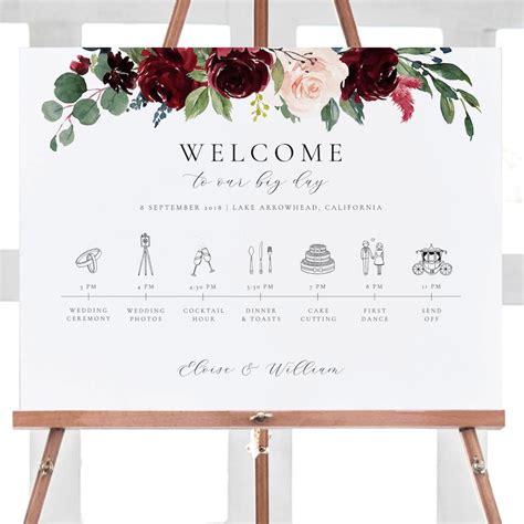 Wedding Timeline Poster Order Of Events Template Burgundy Etsy