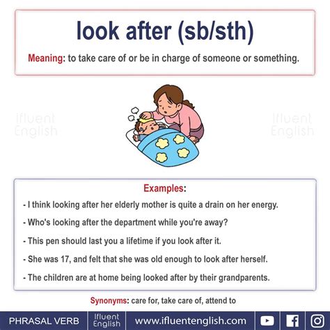 These examples have been automatically selected and may contain sensitive content.read more… -Phrasal Verb: look after (sb/sth) -Meaning: to take care ...