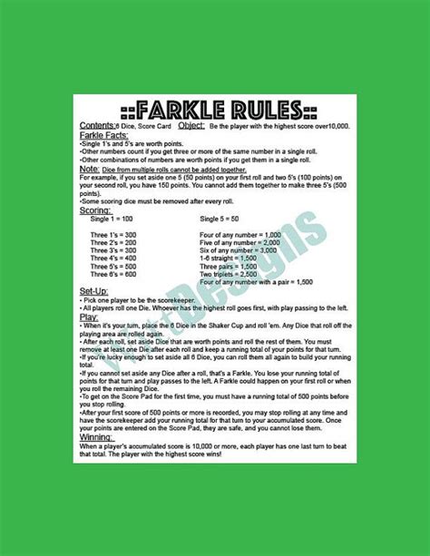 Official Printable Farkle Rules