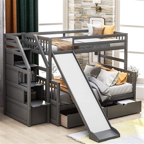 twin over full bunk bed with storage and slide stackable wood twin over full bunk