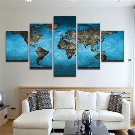 Framed 5 Panels Abstract Blue Map Landscape Hd Picture