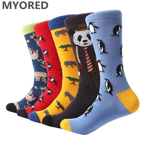 Myored 5 Pairlot Funny Animal Pattern Bright Colorful Men Socks Combed