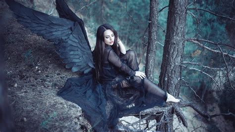 download wallpaper 3840x2160 black wings angel girl in the forest uhd 4k background