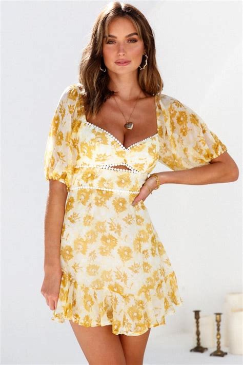 Cutesove Dotted Floral Print Summer Mini Dress Yellow Cutesove