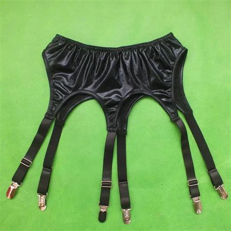 Sexy Black Faux Leather Garter Belt Suspender Latex 6 Strap Metallic Garter Belt Underwear