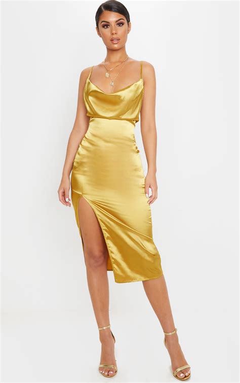 gold strappy satin cowl midi dress dresses prettylittlething usa