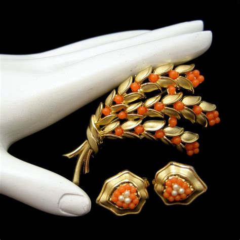 Crown Trifari Vintage Brooch Pin Earrings Faux Coral Pearls Flowers