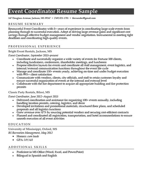 Learn how to format and structure your cv, along wit the best events skills to include so that you can get notices by recruiters and land plenty of interviews. Event Coordinator Resume | Sample Template