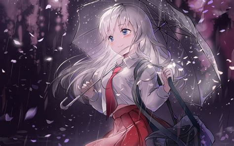 Desktop Wallpaper Beautiful Anime Girl Enjoying Rain Umbrella Hd