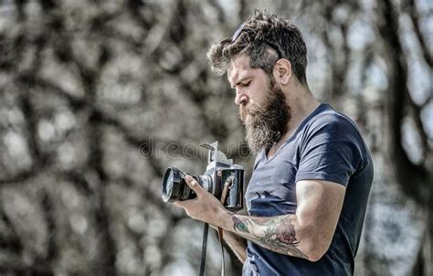 Modern Blogger Content Creator Man Bearded Hipster Photographer