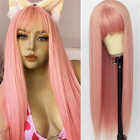 Platinumhair Pink Wigs For Women Long Silky Straight Pink Wig With Full Bangs Heat