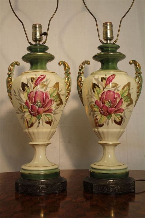 Mid Century French Hand Painted Gold Inlaid Porcelain Urn Lamps Brass