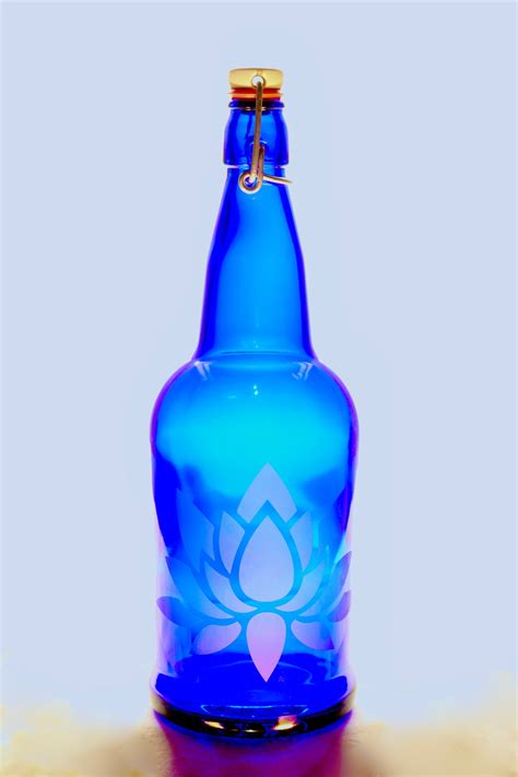 16oz 32oz Lotus Etched Cobalt Blue Reusable Glass Water Bottle Etsy